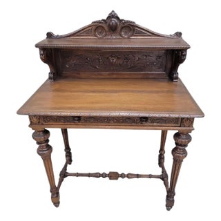 Antique French Carved Oak Petite Writing Desk For Sale