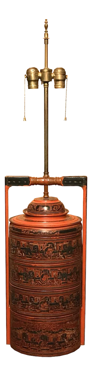 Early 20th Century Burmese Lacquered Four-Tiered Tiffin Basket Mounted as Lamp