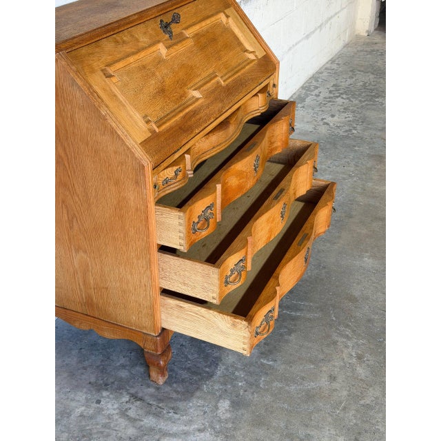 Oak Bureau With Drop-Front Desk and Three Serpentine Drawers Danish Mid-Century Modern 1970s For Sale - Image 9 of 11