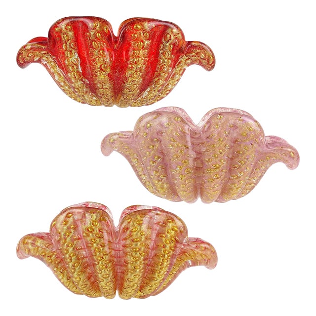 Barovier Toso Murano Vintage Red Pink Gold Flecks Italian Art Glass Flower Form Decorative Bowls - Priced Per Item For Sale
