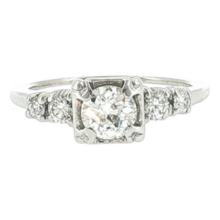 Mid-Century 14 Karat White Gold .50ct Old European Cut Diamond Engagement Ring, Size 4.5 For Sale