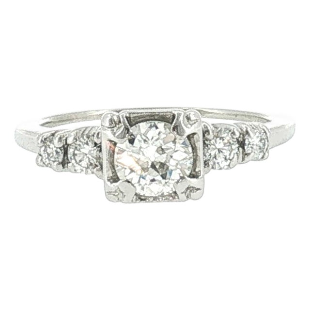 Mid-Century 14 Karat White Gold .50ct Old European Cut Diamond Engagement Ring, Size 4.5 For Sale