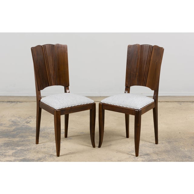1920s French Art Deco Walnut Dining Chairs W/ Striped Linen - Set of 6 For Sale - Image 11 of 18