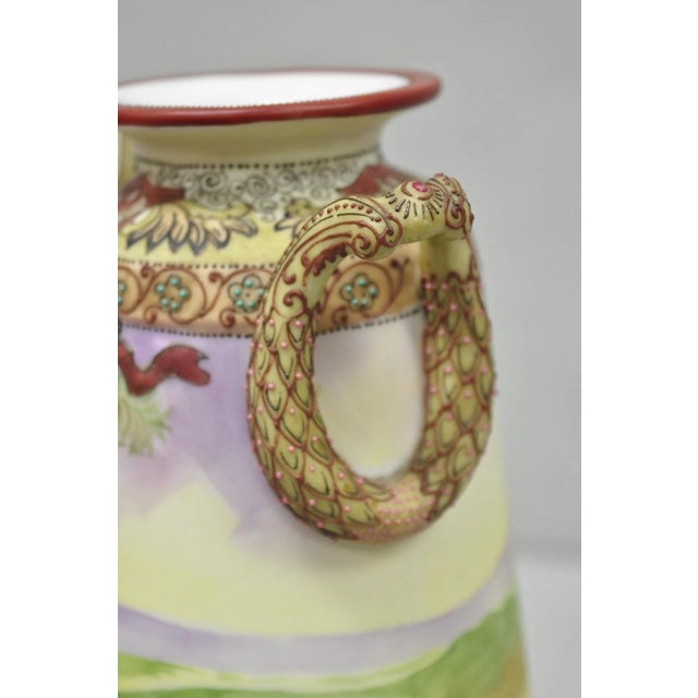 Antique Nippon Hand Painted Porcelain Countryside Moriage Tall Twin Handle Vase For Sale In Philadelphia - Image 6 of 18