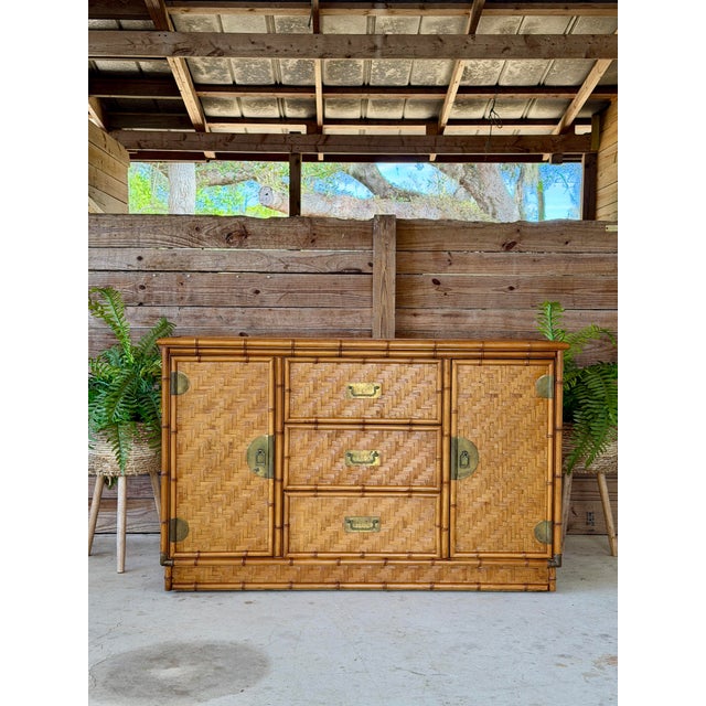 Vintage Boho Coastal Dixie Campaign Style Faux Bamboo Sideboard With Herringbone Panels For Sale - Image 11 of 12