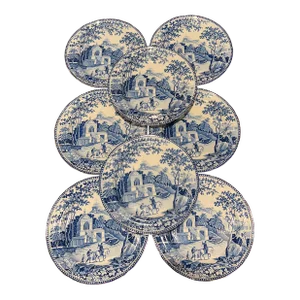 Set of 8, John Rogers Staffordshire "Musketeers" Pattern Dinner Plates C. 1820