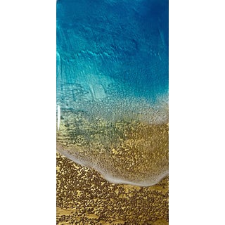 I Was Here by Ana Hefco | Mixed Media on wood panel Abstract beach scene with blue and gold tones. For Sale