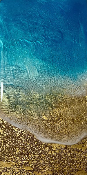 I Was Here by Ana Hefco | Mixed Media on wood panel Abstract beach scene with blue and gold tones.