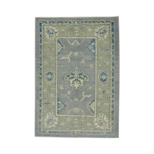 Textile Early 21st Century Blue & Green Floral Design Handwoven Wool Turkish Oushak Rug 4'1" X 5'10" For Sale - Image 7 of 7