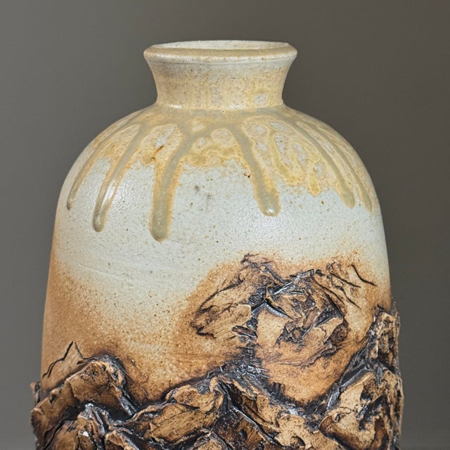 Beige Vintage Monumental Brutalist Sculptural Beige Ceramic Vase, Signed For Sale - Image 8 of 9