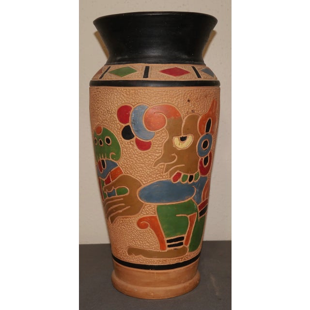 Mid-Century Modern Vintage 1960s Guatemalan Mid Century Modern Clay Aztec Motifs Baluster Vase For Sale - Image 3 of 6