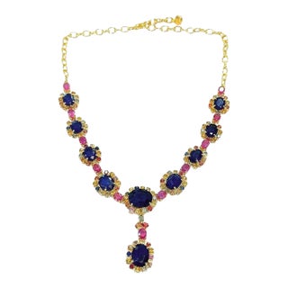 Bochic “Capri” Vintage Multi Sapphire & Ruby Necklace Set 18K Gold & Silver For Sale