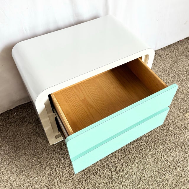1980s Postmodern White and Turquoise Lacquer Laminate Waterfall Nightstand For Sale - Image 4 of 7