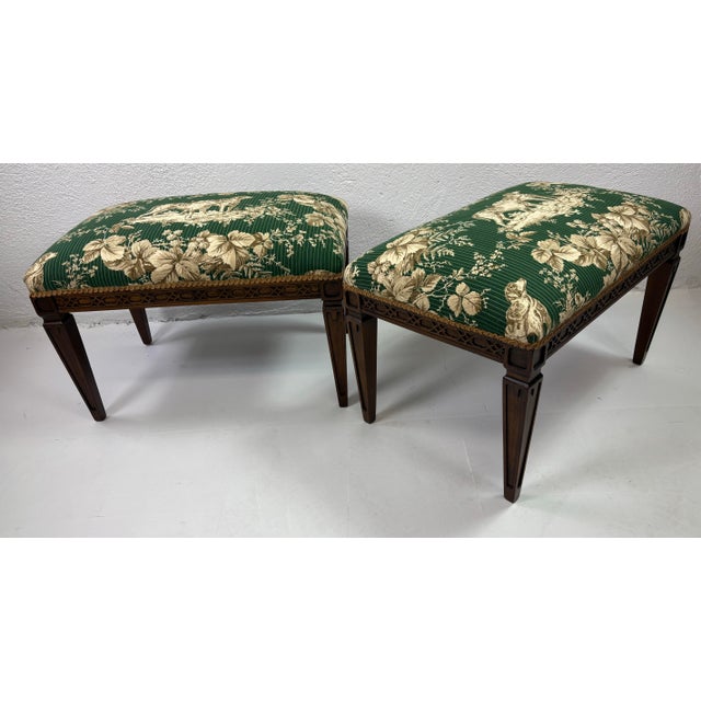 1970s Classic Chippendale Style Benches With Schumacher Dog Toile Upholstery For Sale - Image 5 of 10