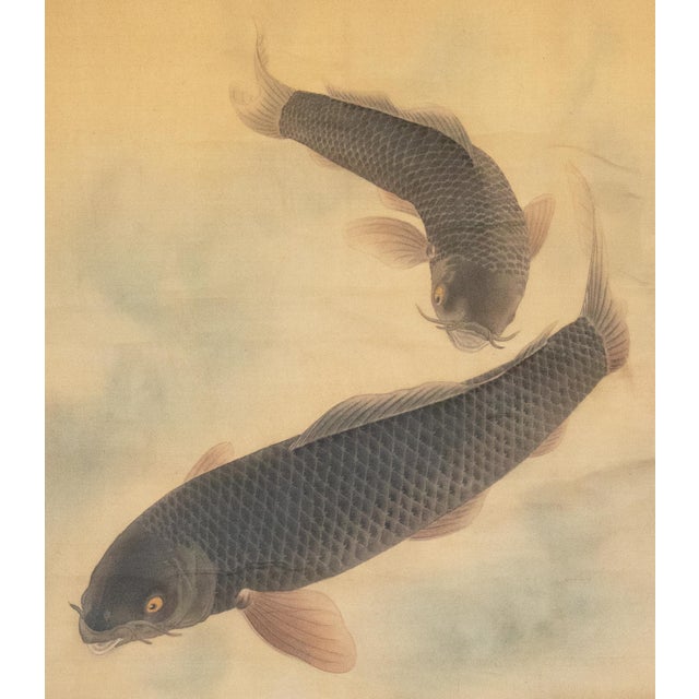 Early 20th Century 1900-1940s Large Japanese Silk Scroll Painting "Two Carps", Signed and Sealed For Sale - Image 5 of 15