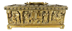 Vintage Brass Relic Casket Box Repose Figures