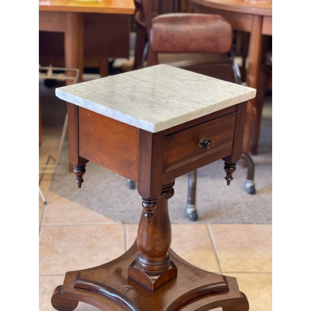 1970s Antique End Table Stand With Dovetail Drawers Stone Top For Sale - Image 4 of 8
