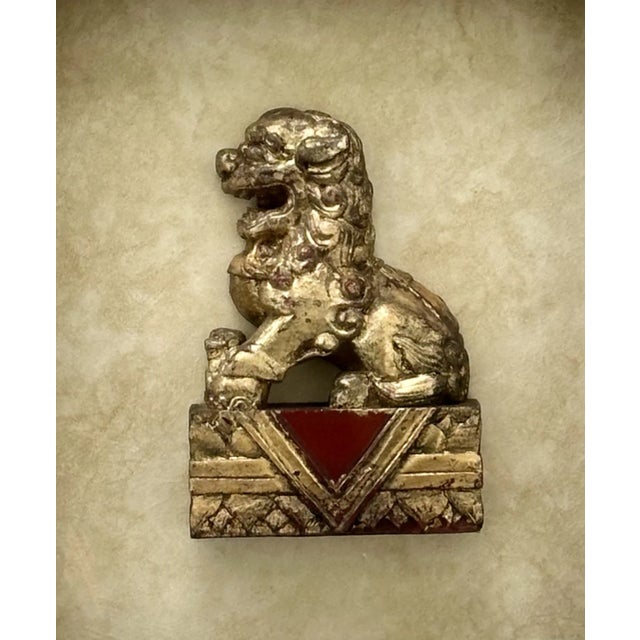 Chinese Antique Chinese Hand Carved Wood Gilt Foo Dog in Shadow Box. For Sale - Image 3 of 6