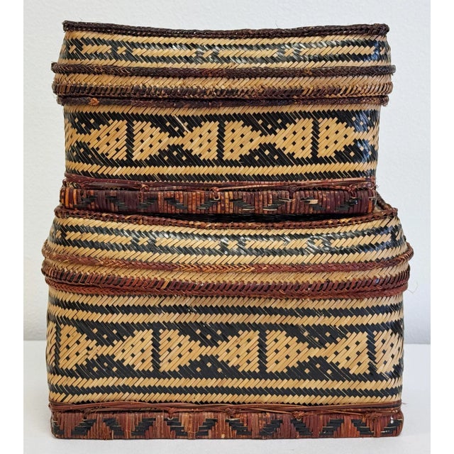 Late 20th Century Vintage Nesting Woven Reed Lidded Basket Boxes For Sale - Image 5 of 9