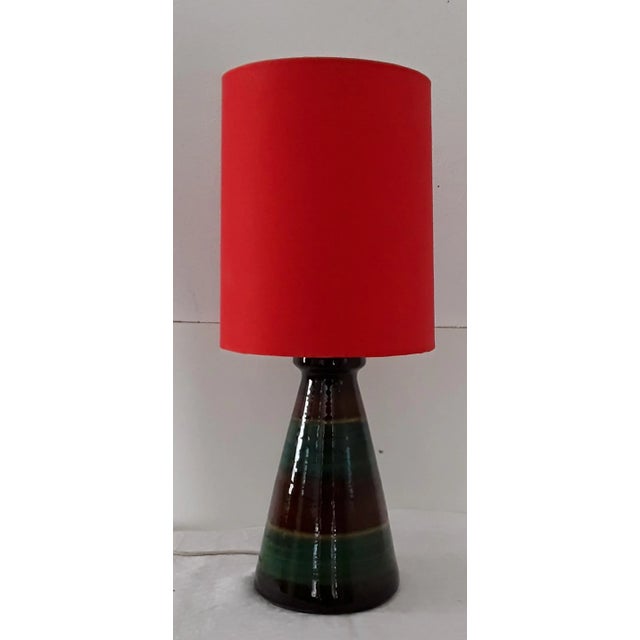 Metal Glazed Ceramic Table Lamp with Red Fabric Shade, 1970s For Sale - Image 7 of 7