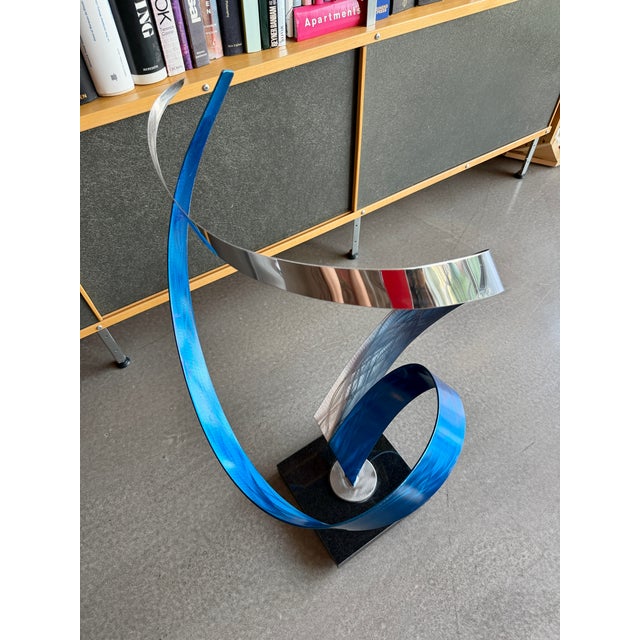 Mid-Century Modern Large Modern Metal Ribbon Chrome Blue Sculpture Marble Base Brutalist Kinetic For Sale - Image 3 of 16