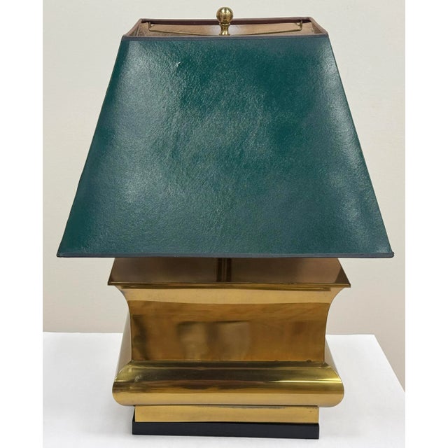 Late 20th Century Vintage Large Brass Table Lamp W/ Oversized Painted Green Shade For Sale - Image 5 of 9