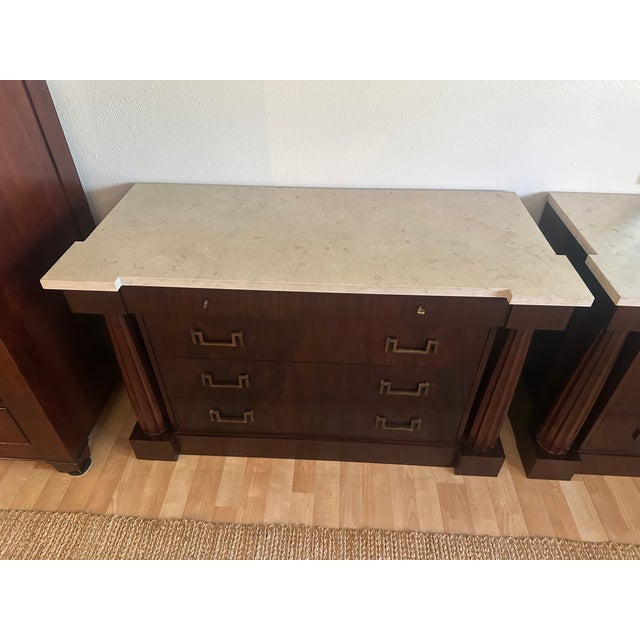 Pair of Baker Furniture Neoclassical Mahogany Chests With Original Stone Tops & Brass-Tone Hardware For Sale - Image 11 of 14