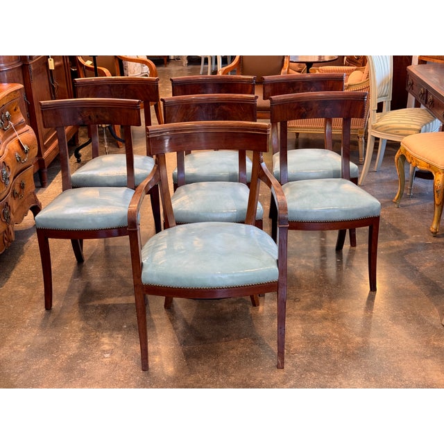 19th Century Set of Seven Klismos Chairs With Blue Leather Seats For Sale - Image 4 of 12
