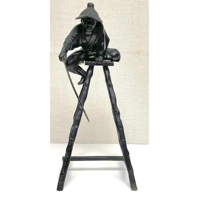 Black Meiji Bronze Fisherman Okimono, Sealed Masatsune Saku For Sale - Image 8 of 12