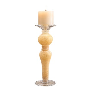Tall Gold Textured Art Glass Candlestick With Clear Glass Base For Sale