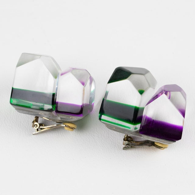 Plastic Kaso Oversized Purple and Green Ice Cube Lucite Clip Earrings - 2 Pieces For Sale - Image 7 of 8