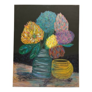 Original Canvas Painting of Vibrant Colorful Flowers in a Vase For Sale