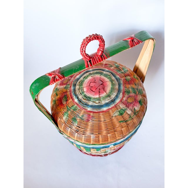 Vintage Folk Art Chinese Wedding Basket, Hand Painted For Sale - Image 10 of 12