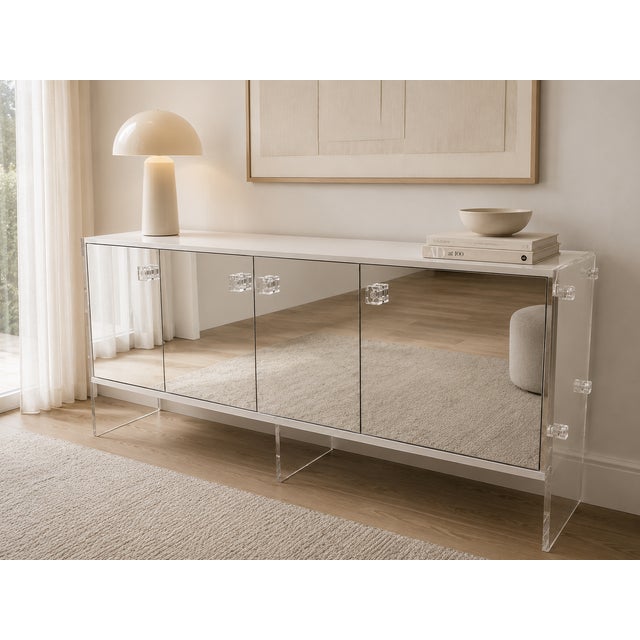 Vintage Mirrored Credenza With Lucite Sides & White Laminate For Sale - Image 9 of 9