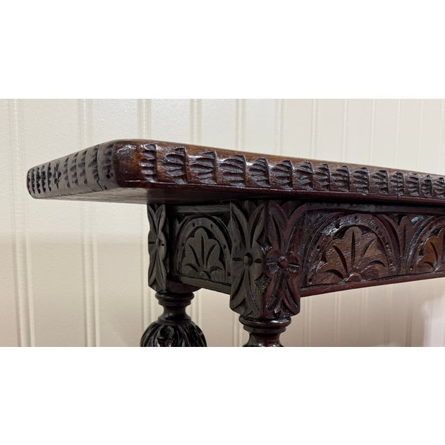 Antique English End-of-Bed Bench Window Seat Settee Carved Oak C. 1900 For Sale In Dallas - Image 6 of 12