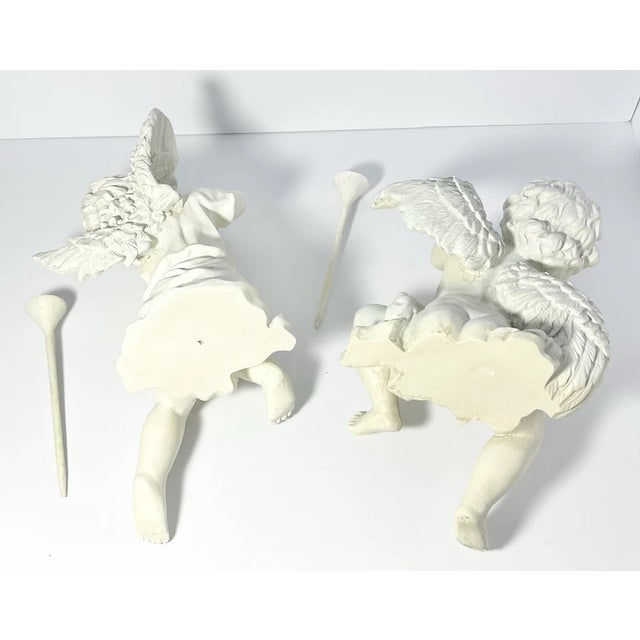 Vintage Pair of Resin Stone Sitting Shelf Cherub Angel Herald Figurines For Sale - Image 9 of 9