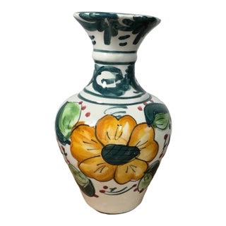 Hand Painted Ceramic Floral Vase Small Decorative Pottery Green Yellow 6in For Sale