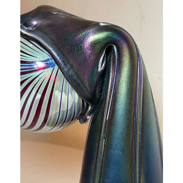 1980s Rare Hand Blown Aurene Iridescent Rainbow Glass Vase Holding Sphere Sculpture For Sale - Image 14 of 16