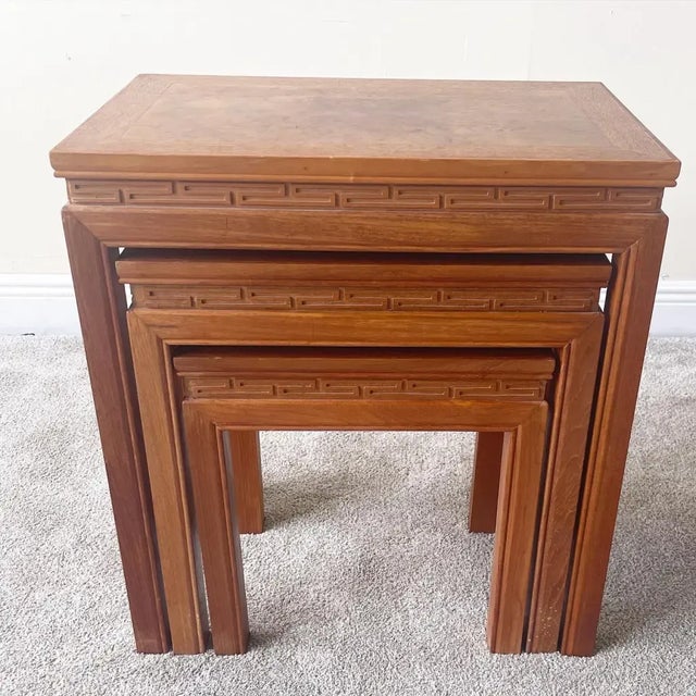 Chinoiserie Chinoiserie Hand Carved Asian Wood Nesting/Stacking Tables For Sale - Image 3 of 10