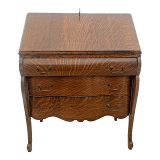 Antique English Secretary Desk, Locking Door, Three Bottom Drawers Tiger Oak For Sale