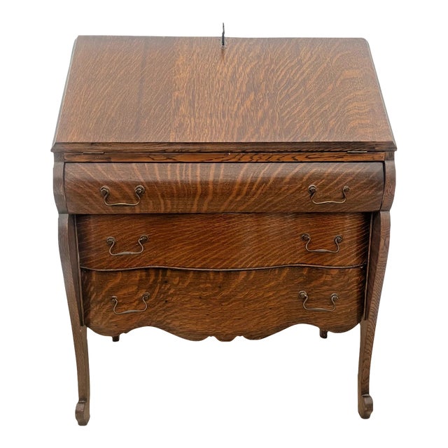 Antique English Secretary Desk, Locking Door, Three Bottom Drawers Tiger Oak For Sale