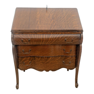 Antique English Secretary Desk, Locking Door, Three Bottom Drawers Tiger Oak