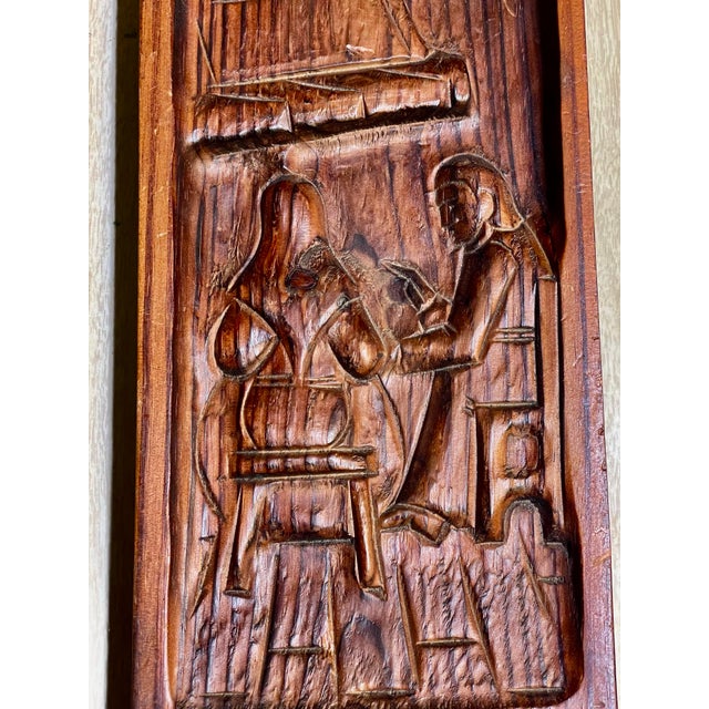 French Mid 20th Century French Cottage Hand Carved Pine Panel Café Scene Wall Hanging Decoration Couple For Sale - Image 3 of 11
