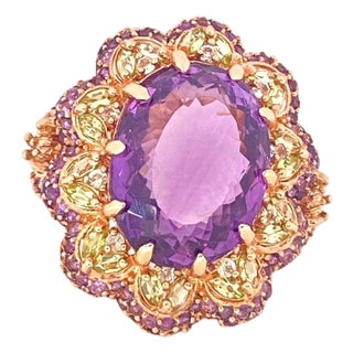 Bochic "Orient" Natural Amethyst & Peridot Cocktail Ring Set In 18K Gold&Silver For Sale
