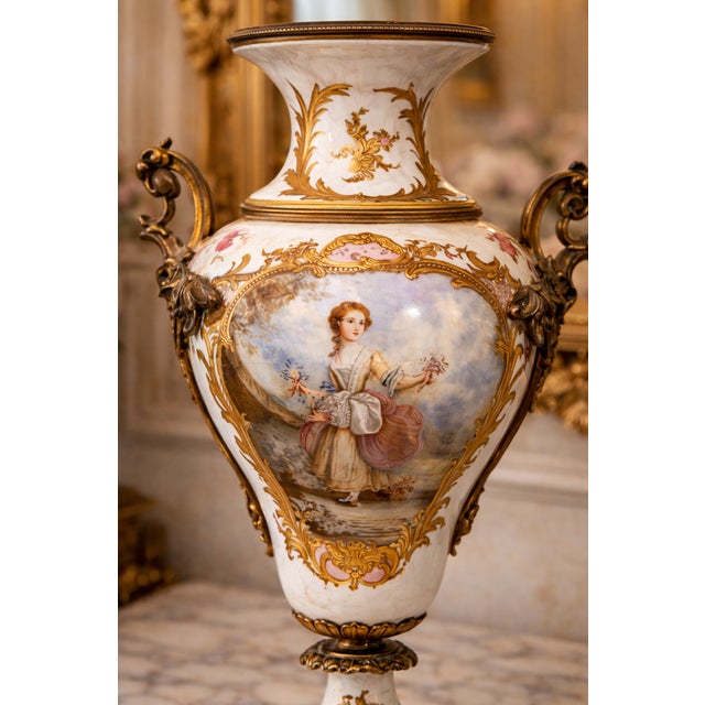 19th Sevres Louis XVI Gilt Porcelain Bronze Vases Pair For Sale - Image 6 of 18