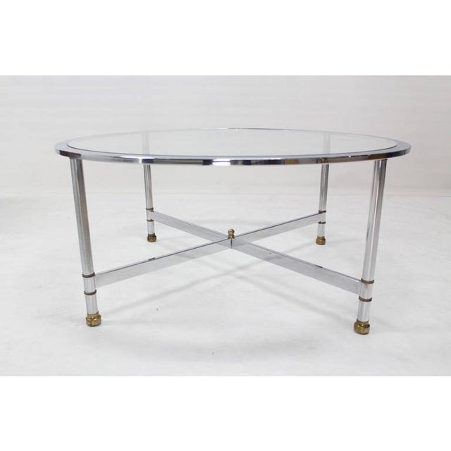 Mid Century Italian Modern Round Chrome & Brass Base Glass Top Coffee Table