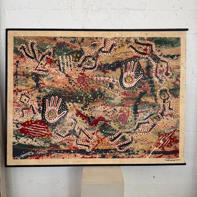 Large, abstract, folk art painting entitled "Magdalenian Magike" signed by T. Dalton, 1977. The painting is in the...