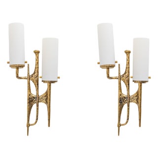 Brutalist Bronze and Murano Glass Wall Sconces in the style of Felix Agostini, 1990s, Set of 2 For Sale