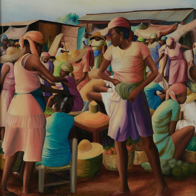 Wood Vintage Haitian Painting of a Marketplace by Jean-Elie Brisson For Sale - Image 7 of 11