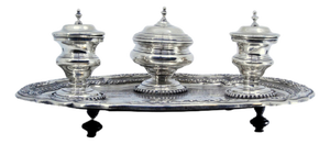 Silver Inkwell with Engraved Containers, Bell, Pen Holder and Tray on Claw Feet, Set of 4